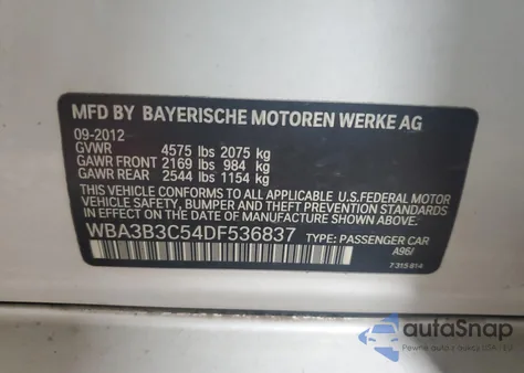 2013 BMW 328 Xi из США, поврежденный, VIN WBA3B3C54DF536837